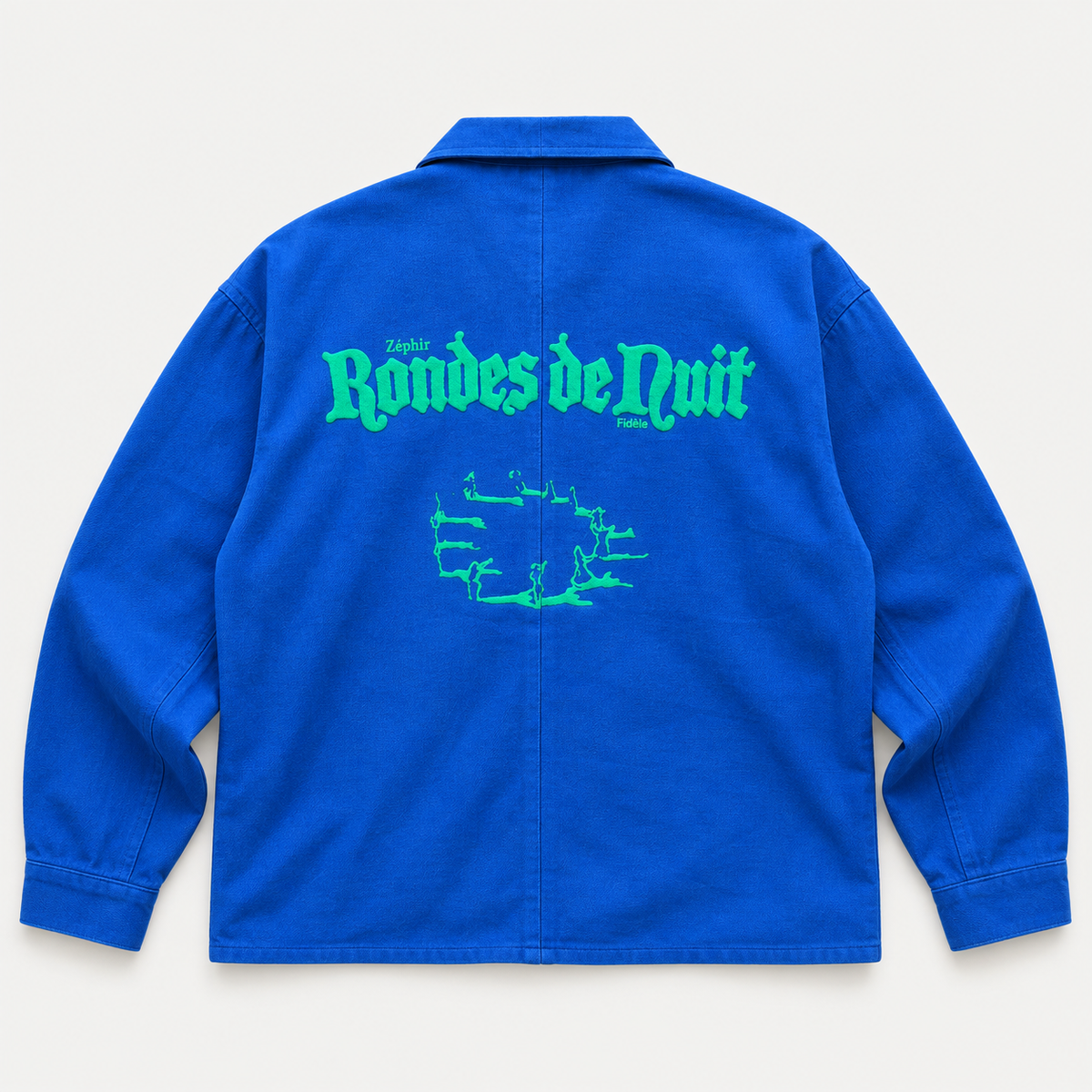 Veste Rondes de nuit de Zéphir — vue de dos à plat, coton bleu et motif vert.