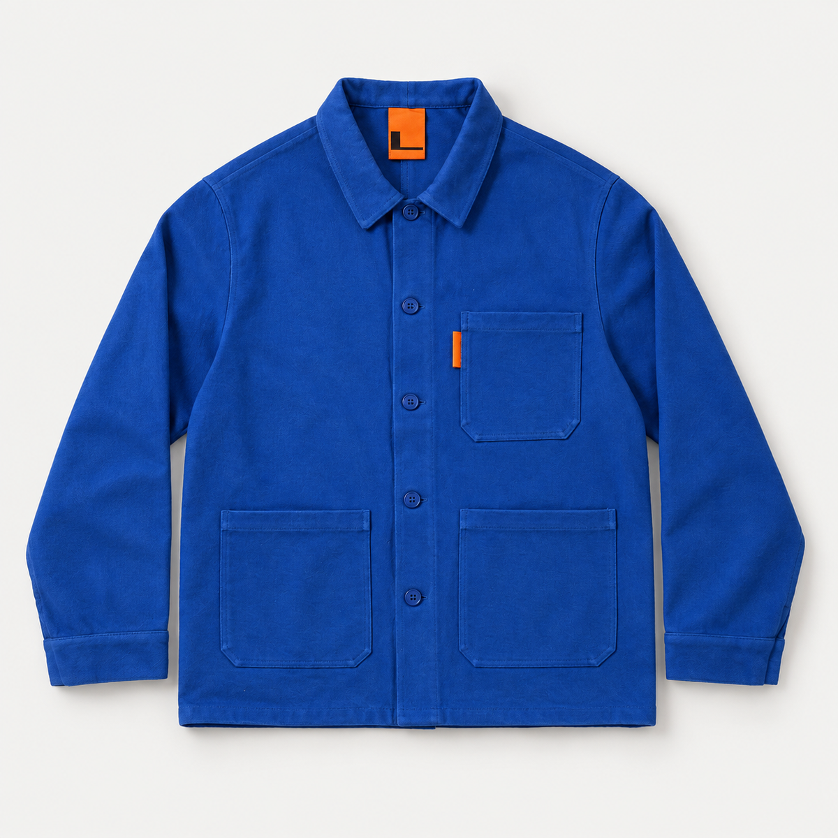 Veste Rondes de nuit — vue de face à plat, trois poches et boutons bleus.